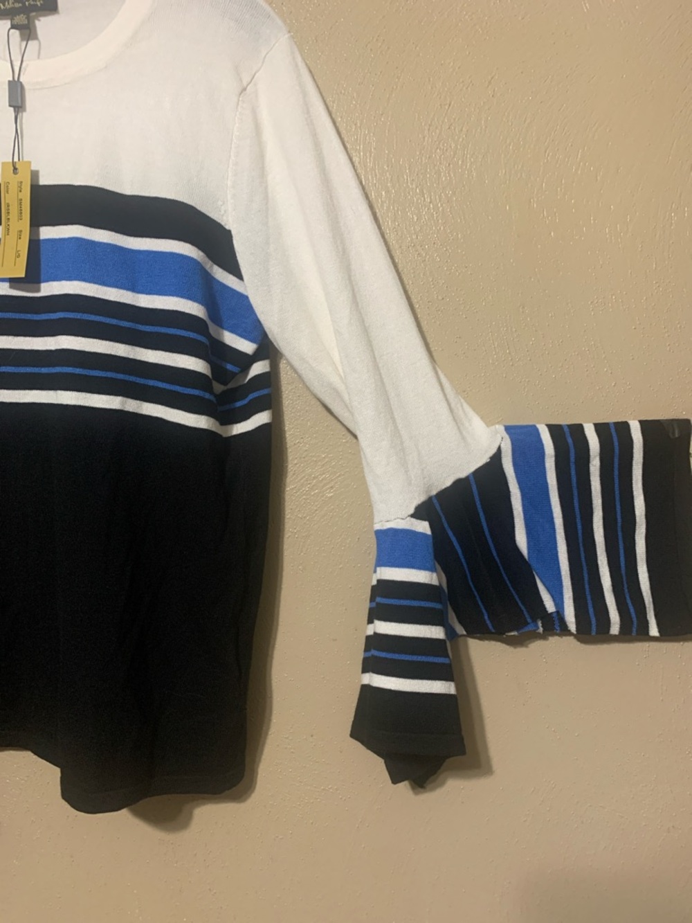 Melissa Paige L Black, White & Blue Striped Sweater Designed Sleeves NWT - Picture 3 of 6
